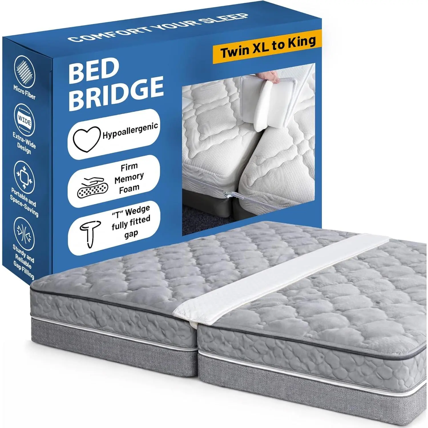 , 80" Bed Bridge Pad| Twin XL to King Mattress Converter Kit| Gap Filler for| Good for Guests Stay Overs & Room, White