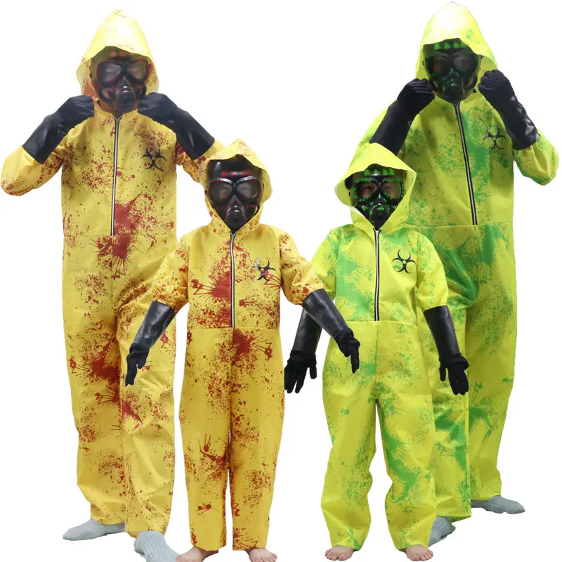 Kids' Polyester Biohazard Hooded Jumpsuit Costume - Yellow-Green Splatter, Relaxed Fit, Full-Length Hazmat-Inspired Zombie Outfit, All Seasons, Biohazard Symbol, Splatter Print