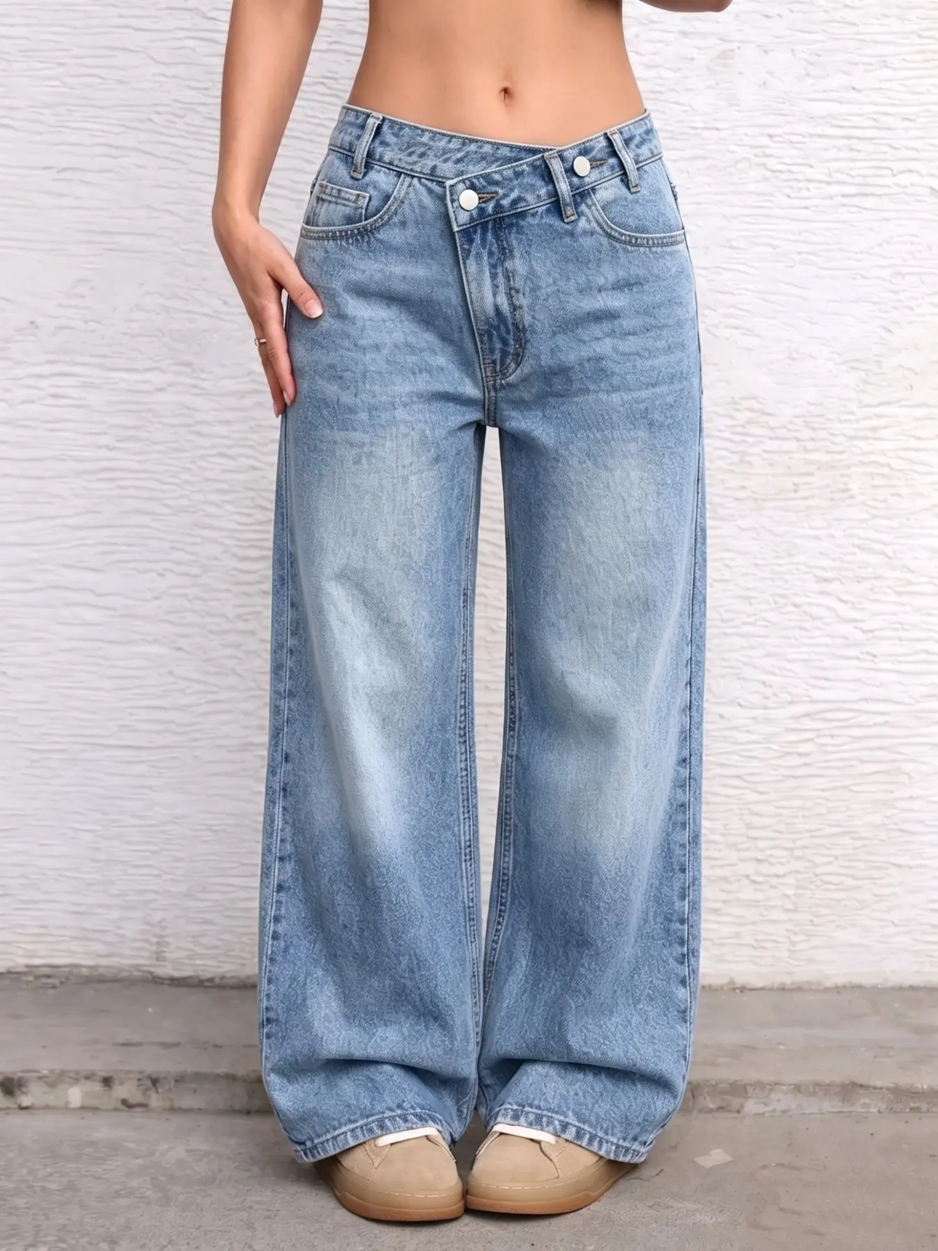 American Vintage Light Blue Wide Leg Baggy Jeans, Asymmetrical Waist Design, Mid-Waist Loose Fit, Washed Finish, Chic, Perfect for Streetwear
