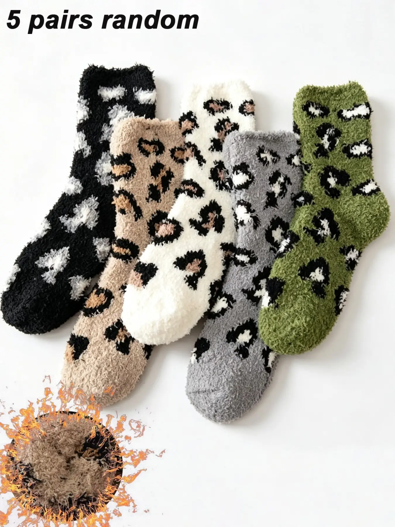 3/5 Pairs Women's Plush Leopard Print Crew Neck Mid-Calf Socks, Soft Comfortable Warm Winter Socks, Fluffy Thick Casual Home Wear Socks, Random Colors, Soft Comfy Socks