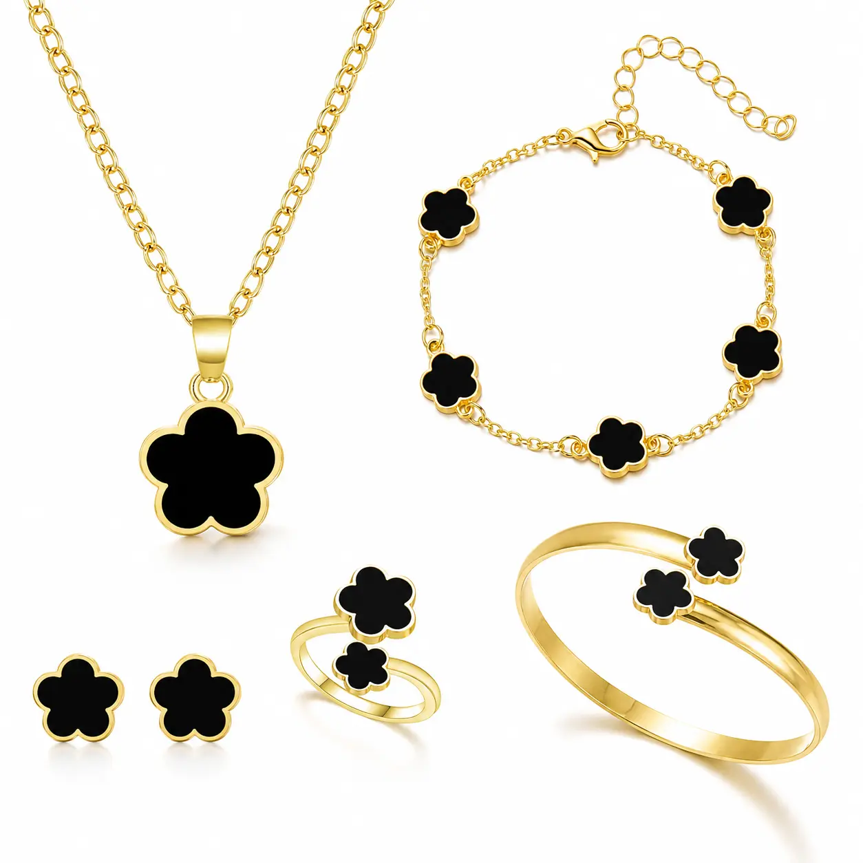 Women's 5-Piece Black Flower Decorative Motif Gold Jewelry Set - Adjustable Combo Bracelet Jewelry Set with Necklace, Earrings, Ring, Bangle, Gold Jewelry Sets, Adjustable Jewelry Sets
