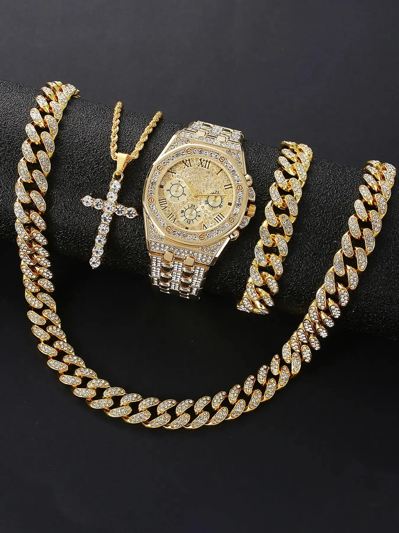 Men's Quartz Watch & Jewelry Set - Luxury Rhinestone-Encrusted Wristwatch, With Matching Bracelet and Necklace, Classic Male Fashion, Alloy Case & Strap, Durable Build, Electronic Drive, Non-rechargeable Button Battery, Watch Set, Accessory Set