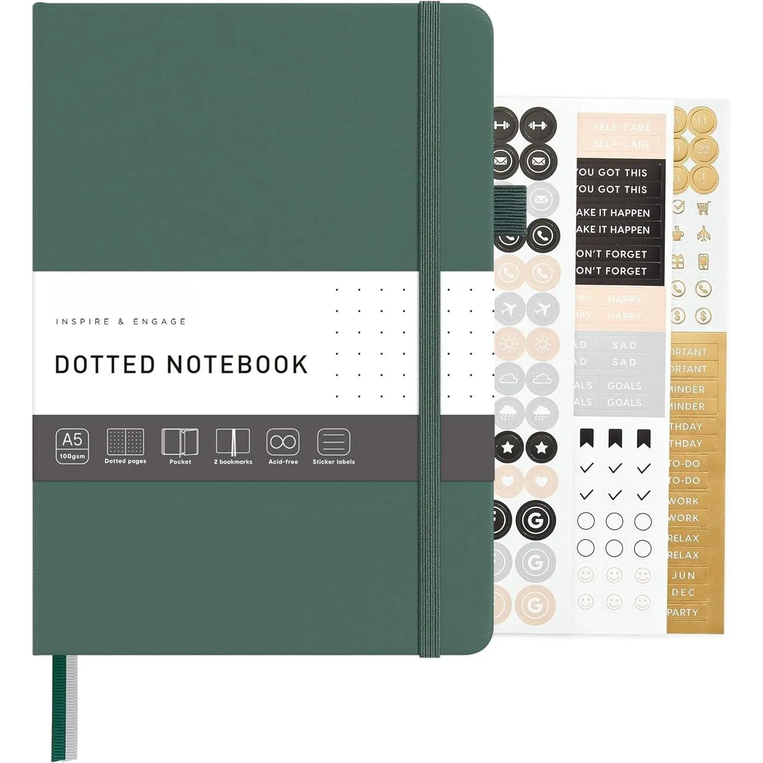 Dotted Journal – A5 Hardcover, Dot Grid Notebook for Planning & Journaling, 160 Pages 100gsm Pa, Stickers - 5.7”x8” (Dark Green)