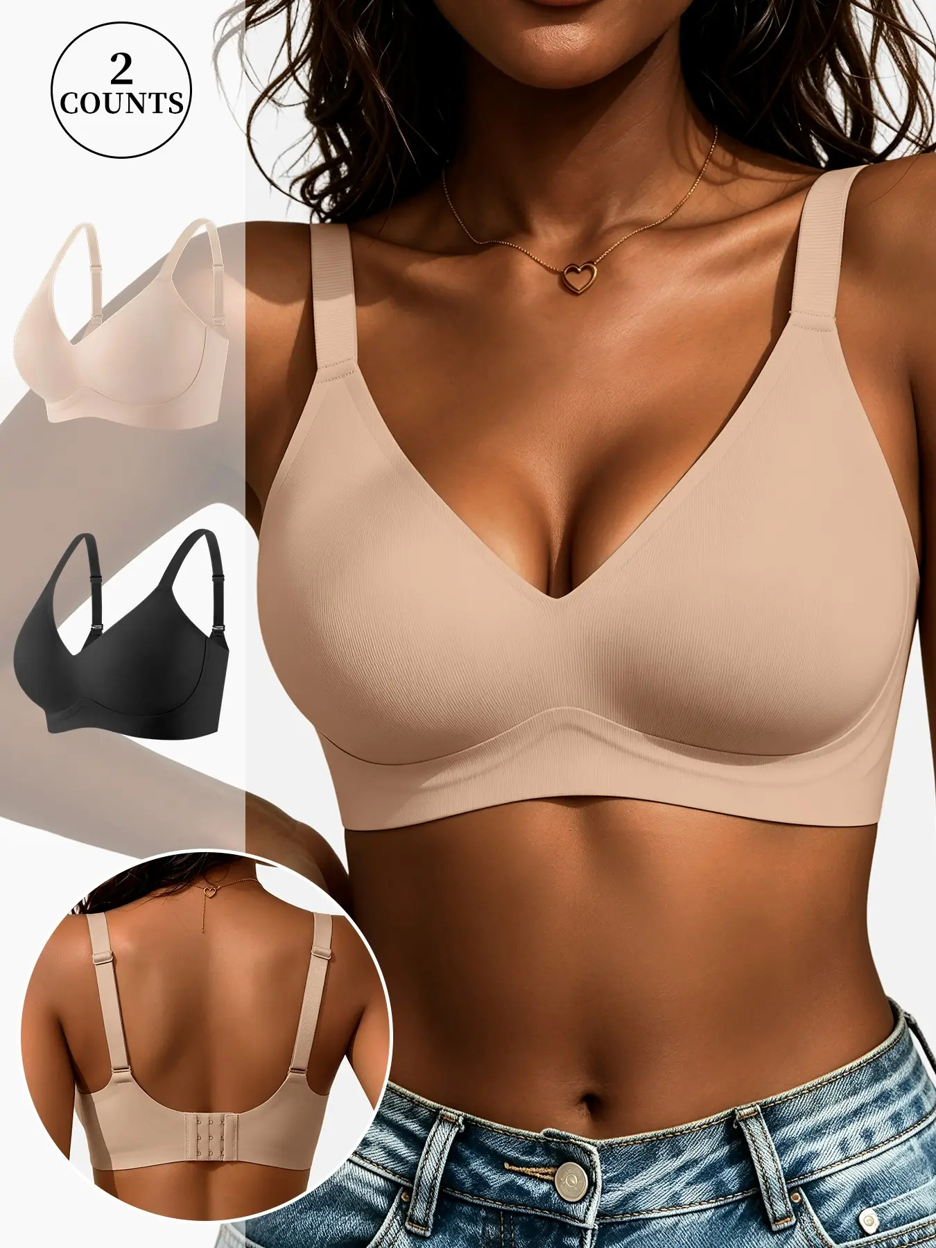 Women’s Jelly Bra, Wireless Seamless V Neck Bra, Soft Support No Underwire Bralette, Comfortable Nude T-Shirt Bra for Everyday Wear