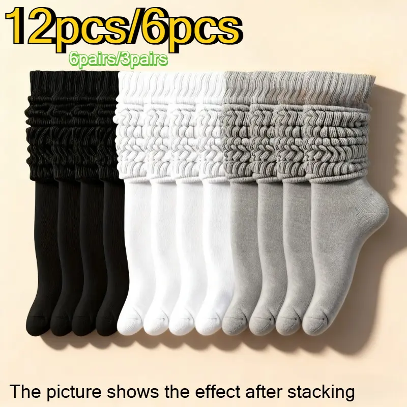 Women's Slouch Socks - One Size, Smooth 92 g/m² Fabric, Layered Look, Calf High Scrunchie, Casual Comfy, Breathable, Durable, Hand Washable, All Seasons, 3/9 Pairs Couple Socks, 3 Pairs White Gray Black, Ideal for Weddings/Valentines Day Gifts