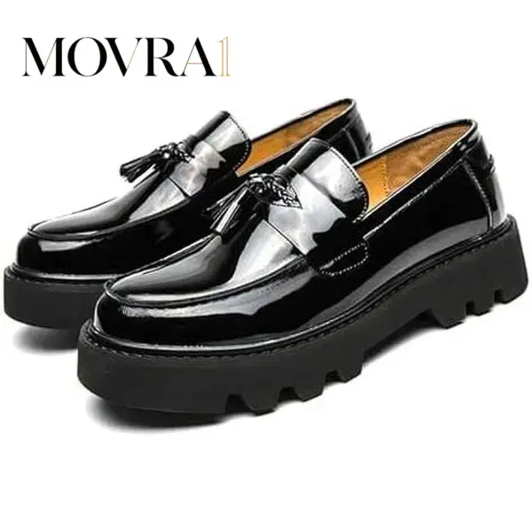 MOVRA1 Men's Black Soft Patent Leather Elegant Plain Loafers - Round Toe, Tassel-On Footwear, Chunky Platform Heel, Non-Lug Sole Synthetics Shoes Business-Casual, Formal Work