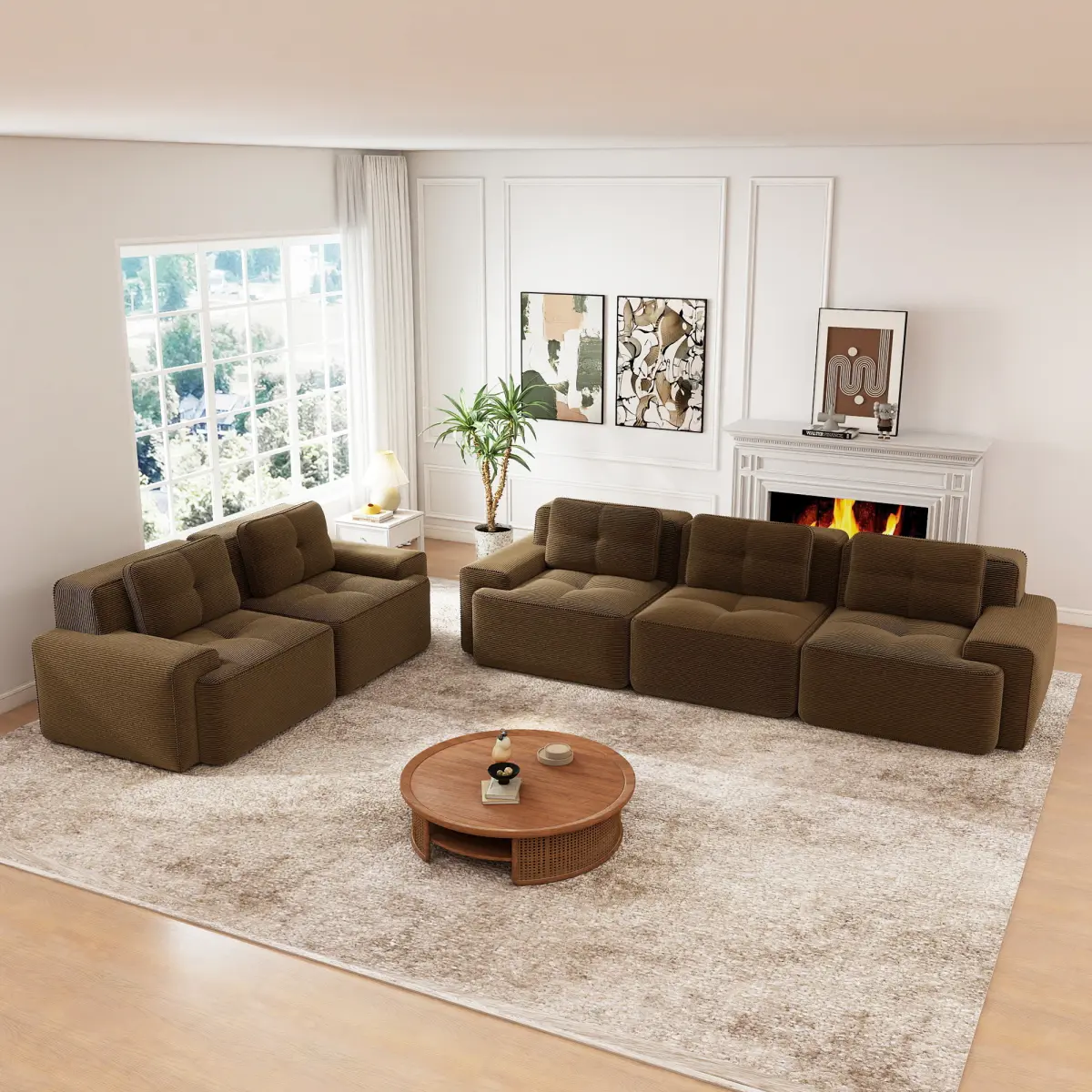 AobtkelA modular deep-seat sofa set with a two-seater + three-seater combination, crafted with Corduroy Fabric, Pearl-like piping, Tufted Design, No Assembly, Anti-slip Design, Brown