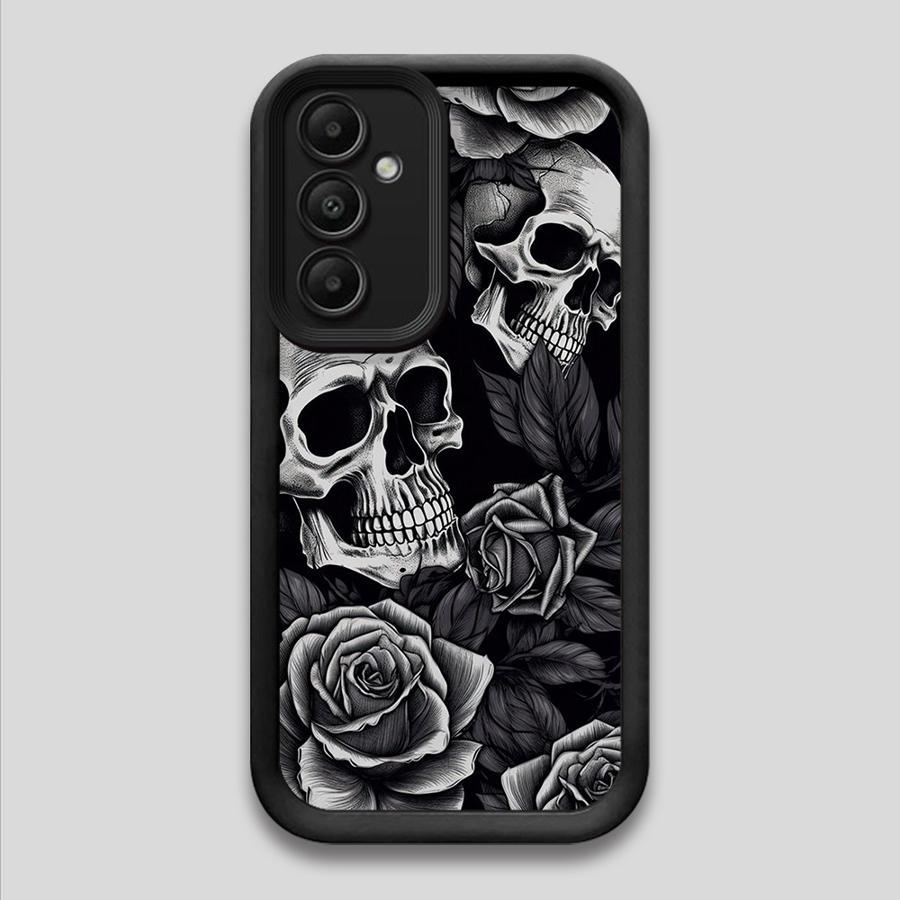 Phone Case for Samsung Galaxy A16 A55 A25 A35 A15 A54 A34 A14 A24 A53 A33 A23 A13 A52 A32 A22 A12 A51 A71 A72 A73 Cover Protective High-Quality Soft Shockproof Funda Gray Skull Rose