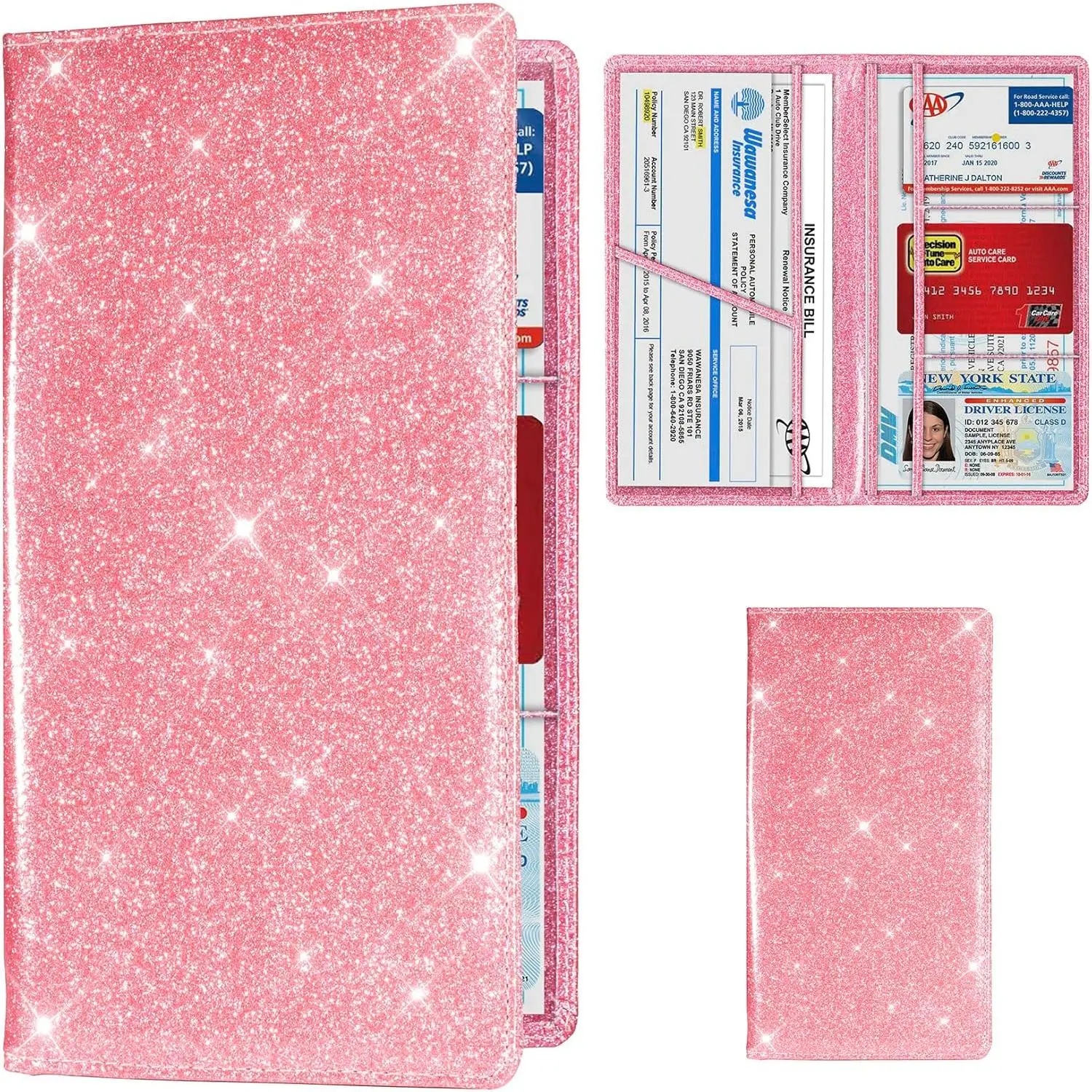 Car Registration and Insurance Card Holder, Vehicle License Document Glove Box Compartment Organizer, Interior Car Accessories  Women Men Teens (Glitter Pink)