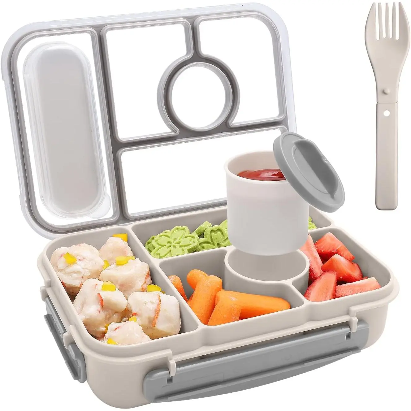 Bento Box Adult Lunch Box ,Lunch Containers for Adults//,5 Compartments Bento Lunch Box with Sauce Vontainers,Microwave & Dishwasher & Freezer Safe, (White)