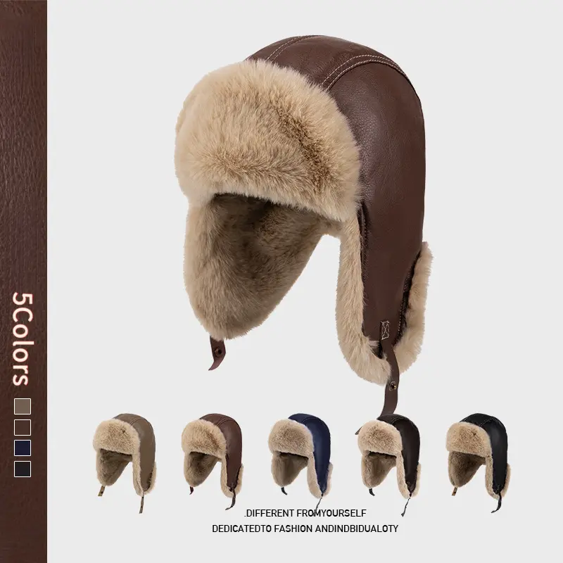 Unisex Vintage Retro Faux Leather Trapper Hat - Thick Fleece-Lined, Windproof Aviator Hat with Ear Flaps for Winter Cold Weather Ski Snow Activities