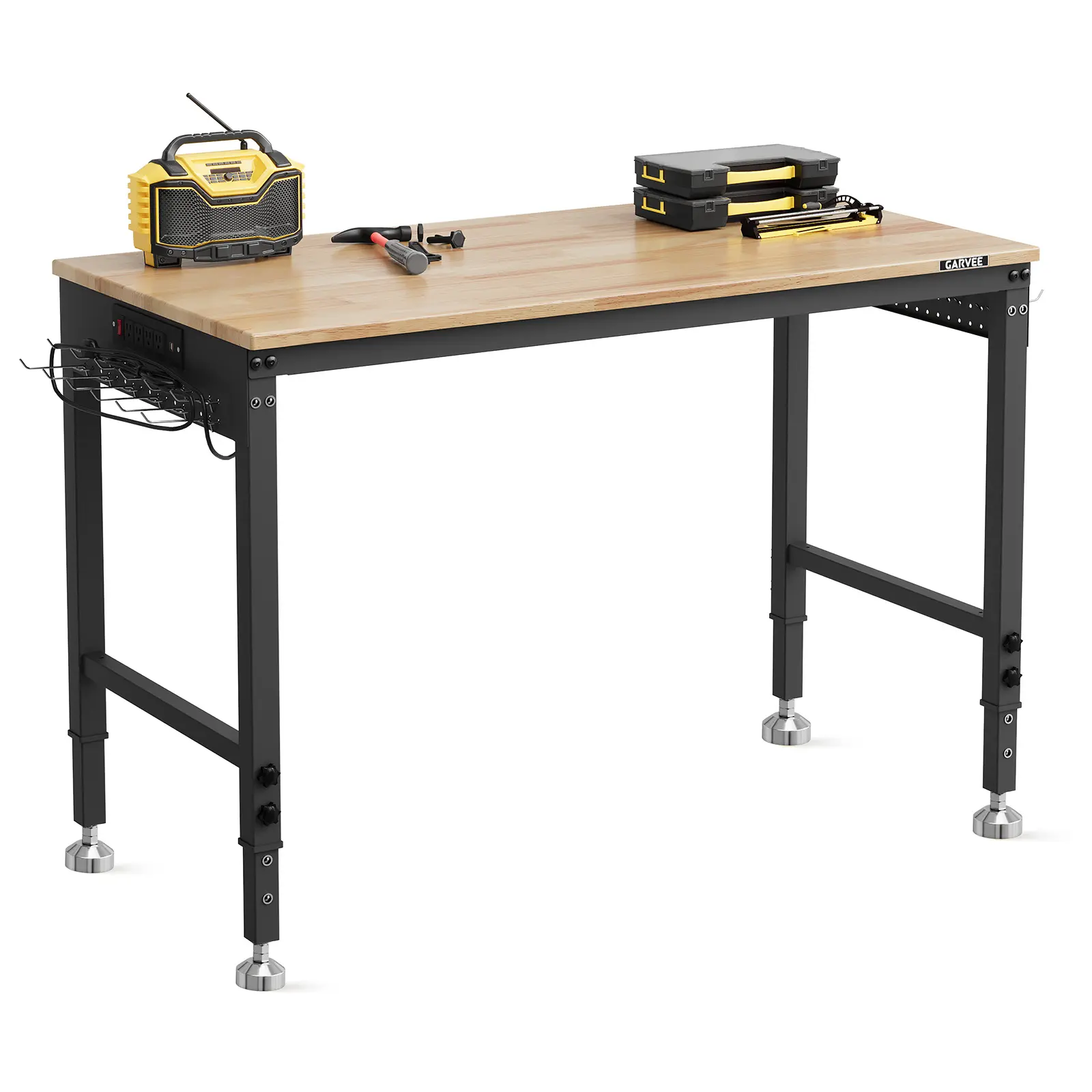 Workbench 48 x 24 Inch with 6-Level Adjustable Height, Solid Rubberwood Top, 2000 LBS Heavy Duty Steel Frame Work Table, ETL Power Outlets, Pegboard with Hooks and 4 Leveling Feet, Ergonomic Workstation for Garage, Woodworking Shop and DIY Projects