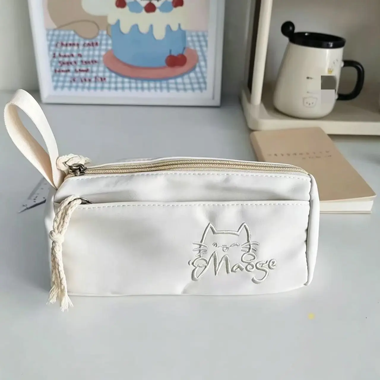 Cute Embroidery Cat Pencil Case, Cream Large Capacity Pen Pouch, Hand Strap, Aesthetic Korean Style, Student Stationery Bag