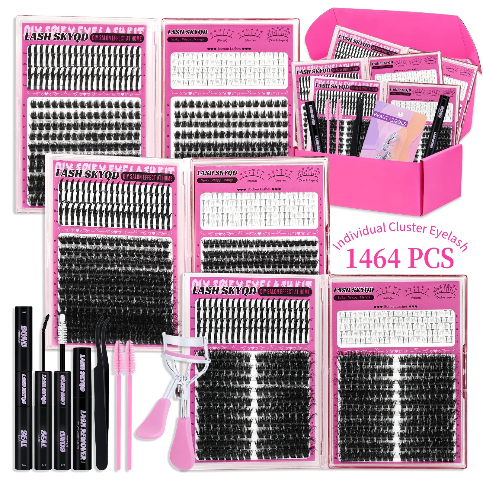 1464 Pcs D Curl Eyelash Clusters Set, Mixed 5-21mm 8 Styles Bottom/Spike/Cat/Mega/Volume Lashes Thick 3D Multi-Layered Lashes, Kit with Bond&Seal Remover Tweezers Eyelash Curler Lash Brush, DIY at Home Easily, Easy Apply for Makeup Daily