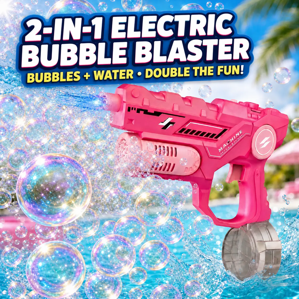 2-in-1 Rechargeable Automatic Water Gun & Bubble Machine for Boys/Girls 3-14 yrs, Electric Squirt Gun with LED Flashing Muzzle, Outdoor Summer Pool Beach Toy Gift