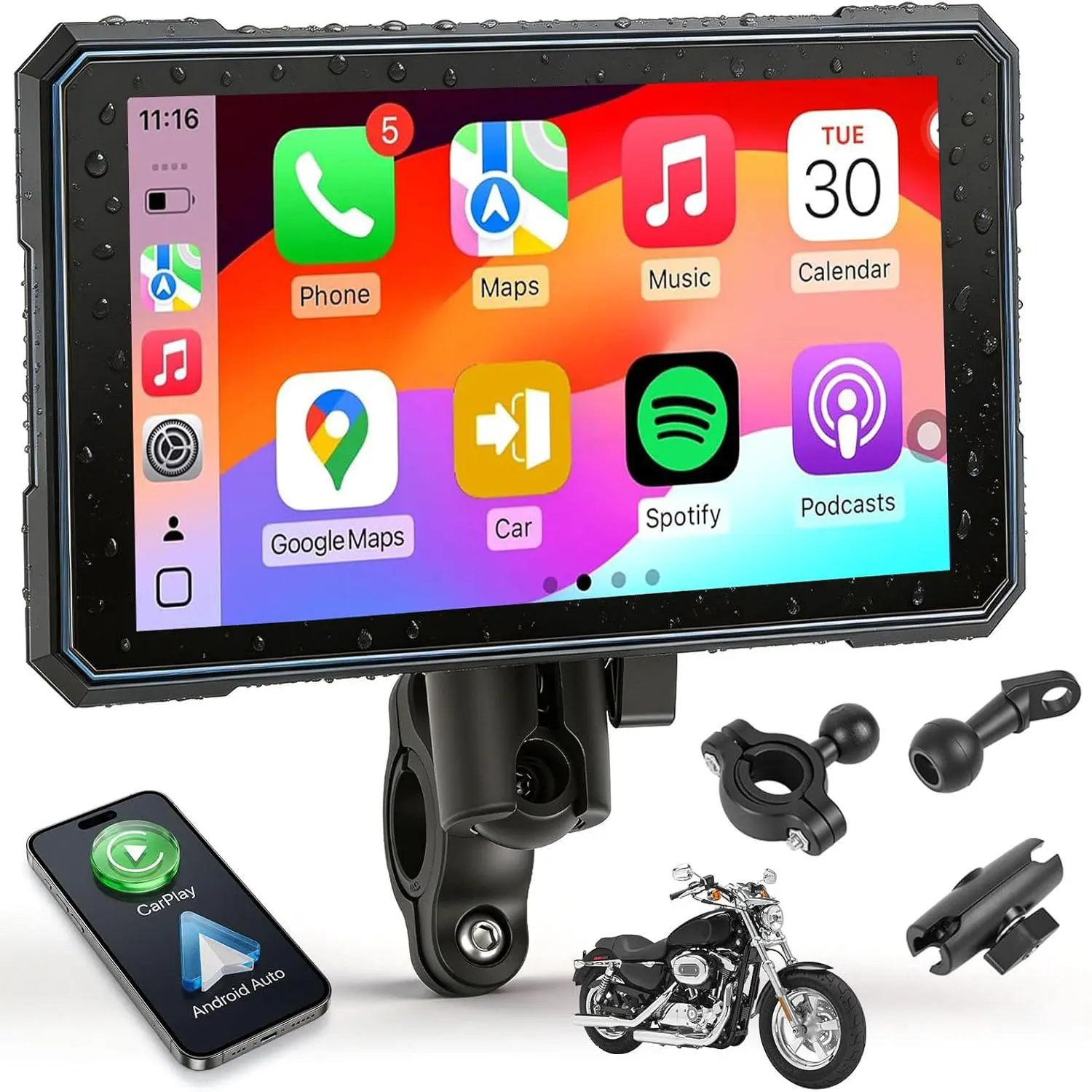 Rimoody 5 Inch Motorcycle CarPlay GPS Navigation System with Wireless CarPlay Android Auto Waterproof Touch Screen Portable Car Play Moto, Support Bluetooth,  Assistant Voice Control, Wireless Carplay Screen