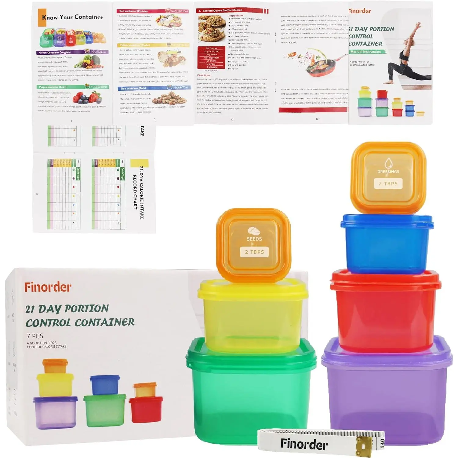 21 Day Portion Control Container Kit, 7- | 21 Day Fix Containers, Bariatric Meal Prep Containers, Portion Control Snack Containers with Complete Guide,