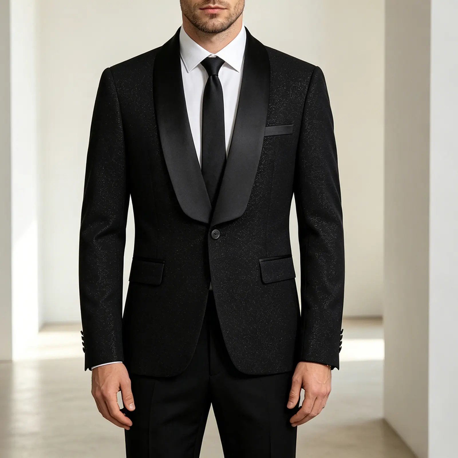 Men's 2PC Glitter Slim-Fit Tuxedo Set - Formal Wear, Jacket & Blazer, Vintage Style, FREE Bow Tie for Wedding & Prom, Long Sleeve, Menswear, Classic, Elegant, Matching, Trouser, Slimming