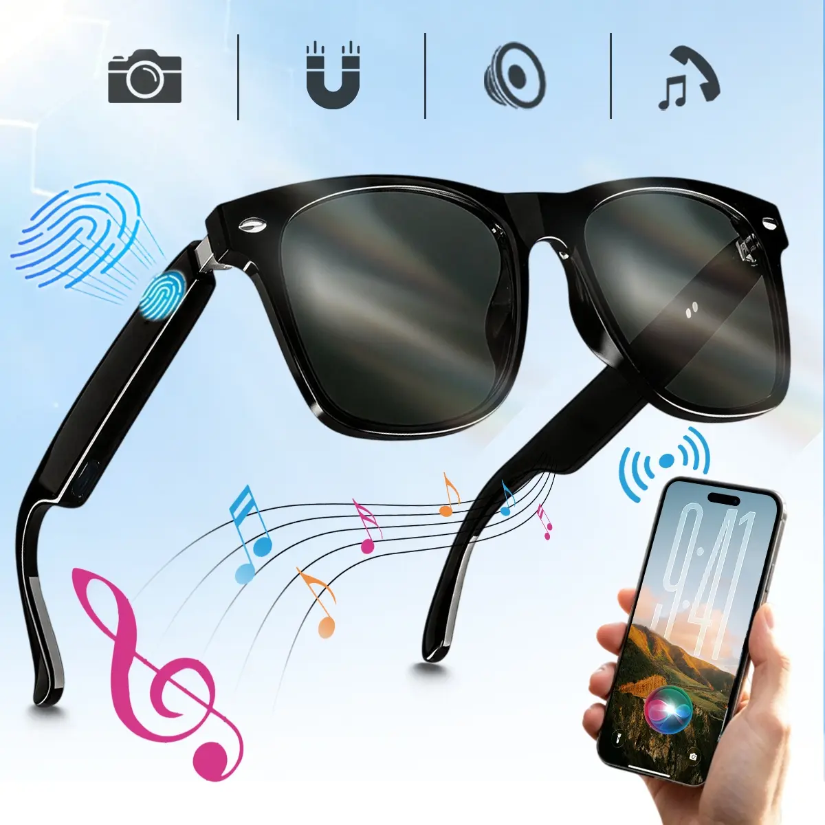 Smart Bluetooth Glasses with Open-Ear Audio, UV Protection Lenses, Remote Photo Capture & Hands-Free Calling for Driving, Commuting and Outdoor Activities, Multifunctional Smart Glasses