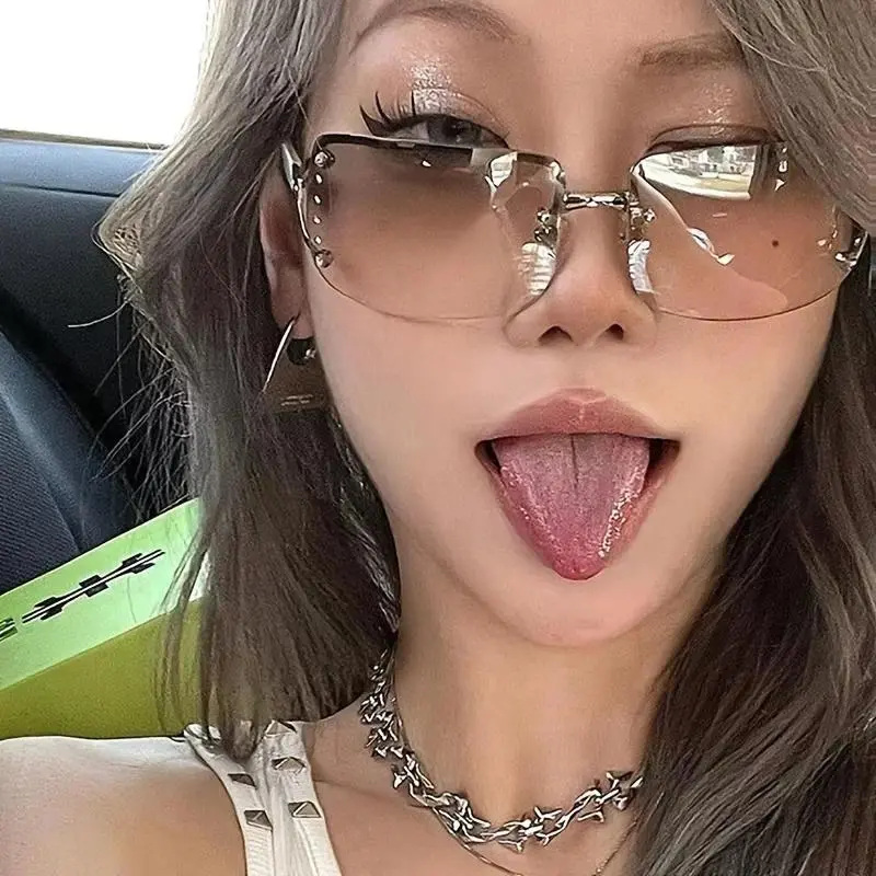 Y2K Cyberpunk Frameless Sunglasses, Trendy Cat Eye Oversized Shades