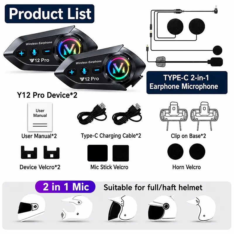 MOKATA Motorcycle Helmet Intercom Headset 2-Pack for Riding, Bluetooth 5.3, LED Safety Light, Wind Noise Reduction, HD Mic, 20H Battery, Tool-Free Fast Installation, Fits Most Helmets, Clear Audio