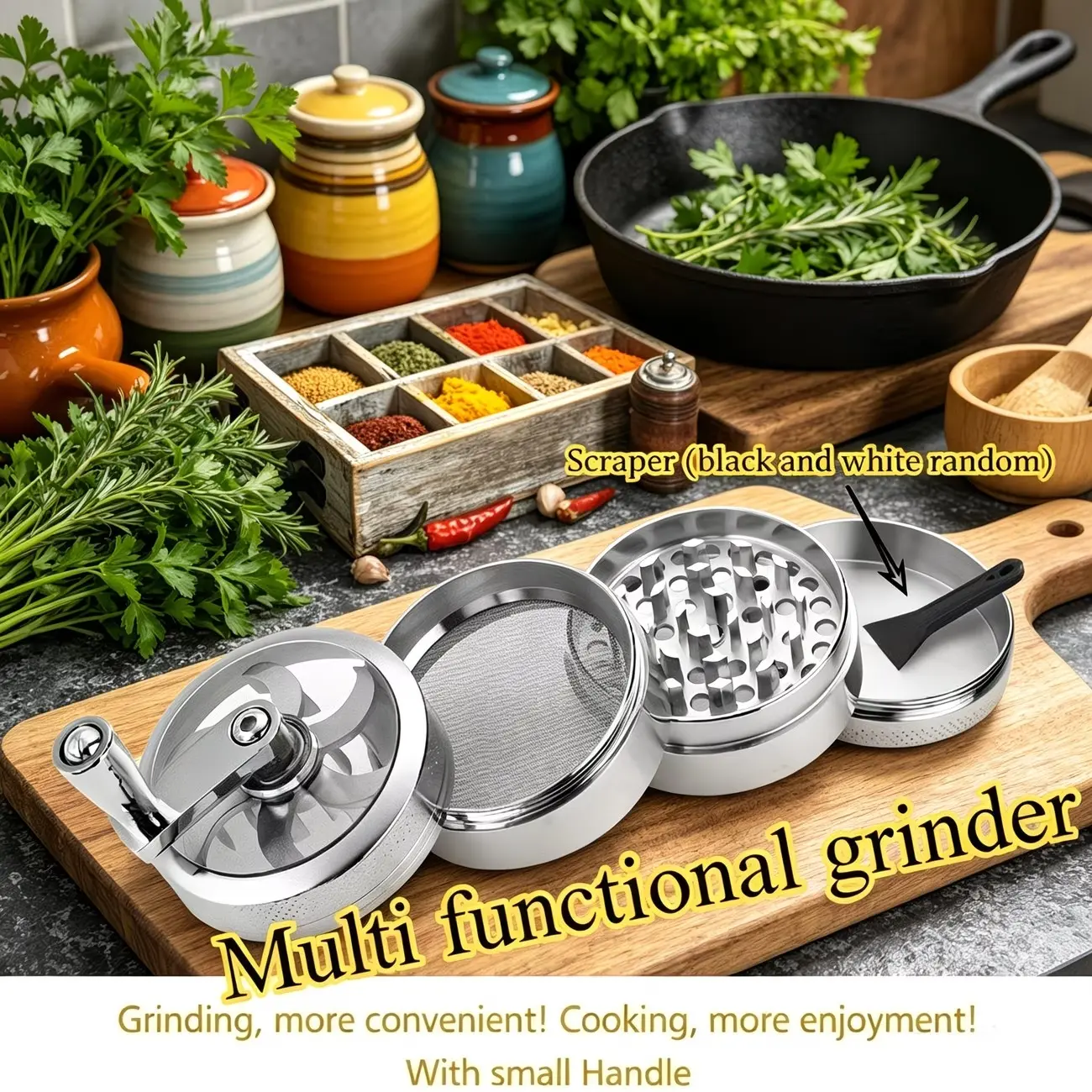 40mm Metal Grinder, Manual Spice Herb Mill, Four-Layer Hand Crank, Portable Kitchen Tool, Kitchen Gadgets, Kitchenware, Ideal for Camping, Travel & Home Use, Grinding