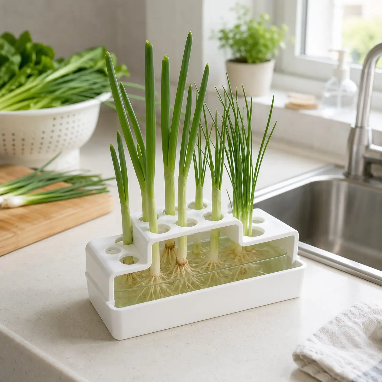Reusable Plastic Plant Growing Kit with Water Retaining Tray, Compact Easy Grow Windowsill Sprout Herb Planter, Indoor Balcony Urban Vegetable Garden for Scallions, Planting Containers