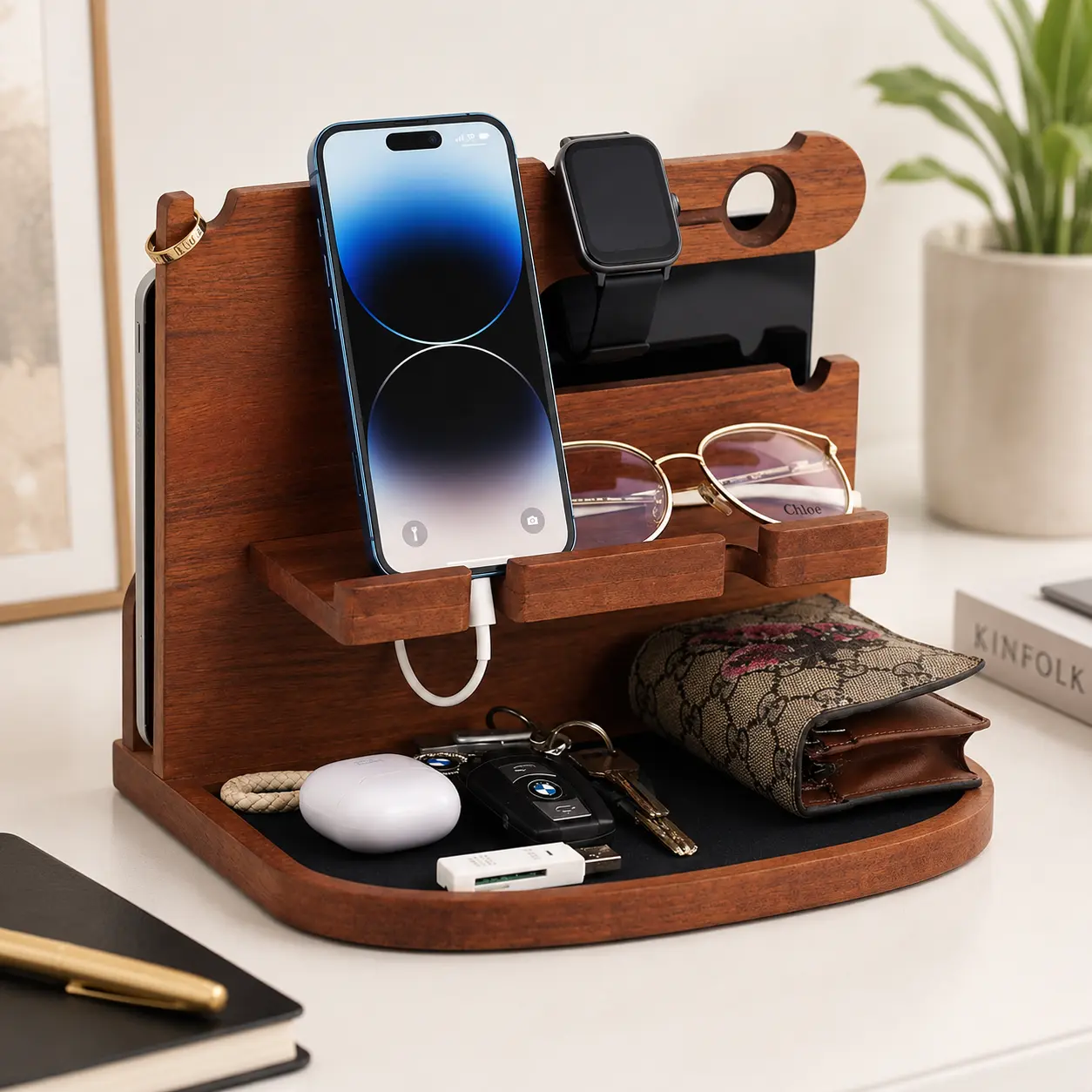 Wood Phone Docking Station for Men Women, Multi-Grid Wooden Desk Organizer Nightstand Caddy, Key Wallet Watch Glasses Charging Holder, Nightstand Storage Tray for Phone, Tablet, Earbuds, Keys & Daily Accessories, Perfect Birthday Anniversary Gift