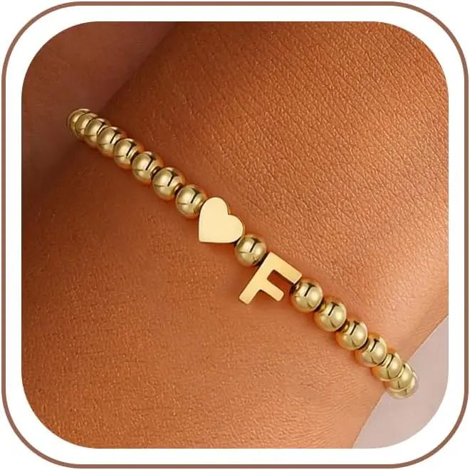 Women's Personalized Custom Letter Beaded Bracelet - A-Z Heart Bead, Alloy, Modern, Tarnish-Free Anniversary Fashion Accessory