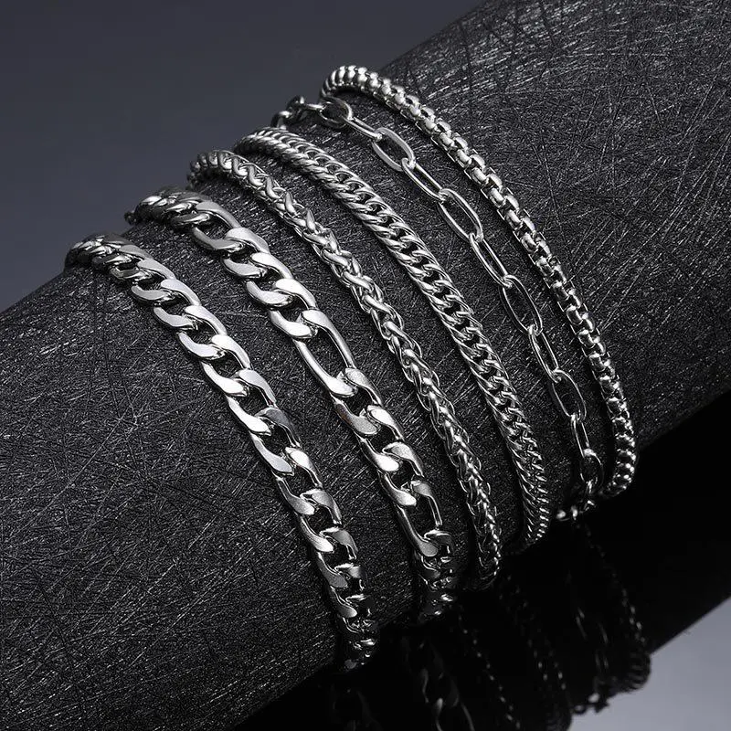 Men's 6-Pcs Non-Tarnish Stainless Steel Chain Bracelet Set - Cuban Links, Figaro, Stackable Designs, Polished Mirror-Finish, Water Resistant, Ideal for Gifting, Anniversary, Fashion Accessories