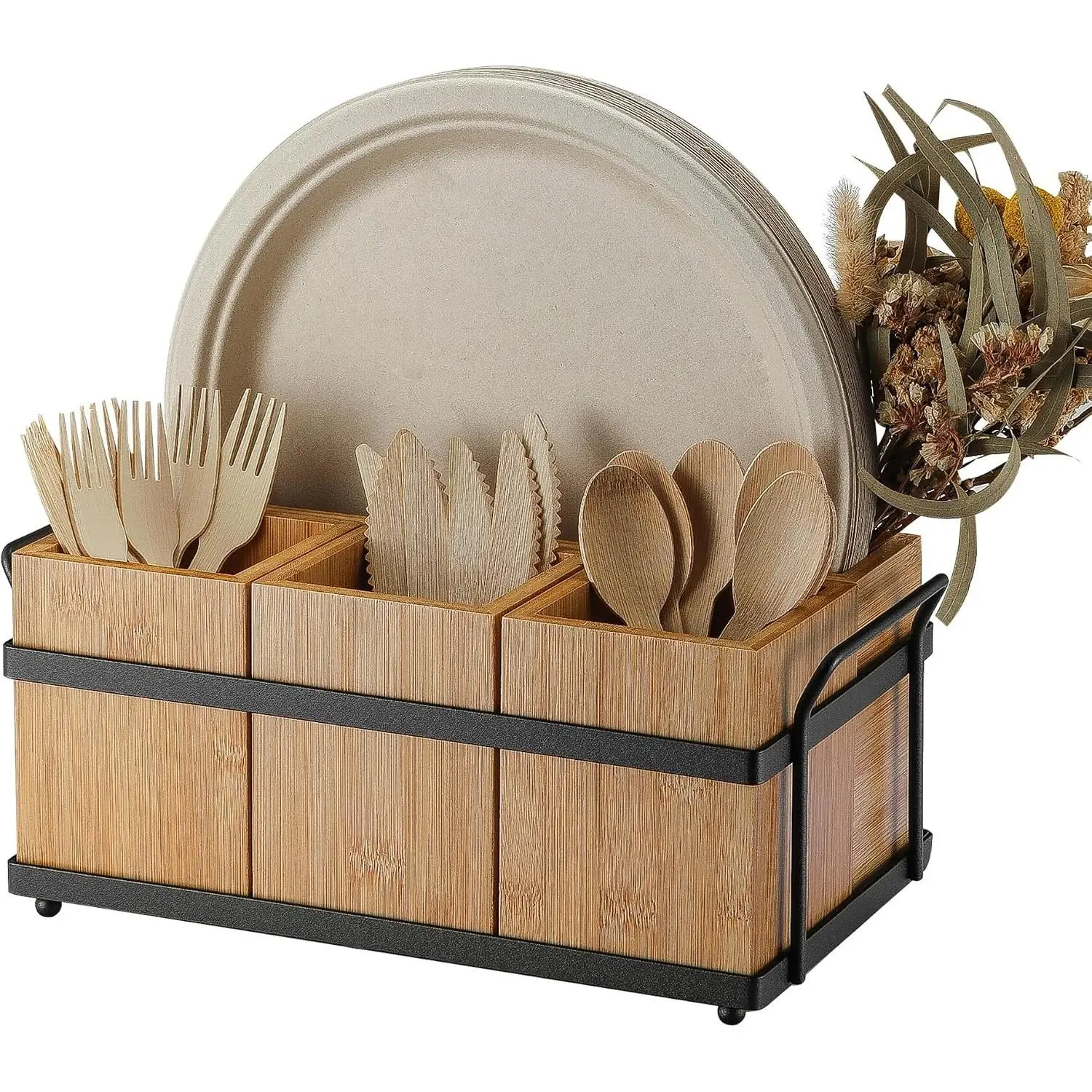 Silverware Caddy Wood Utensil Holder Paper Plate Dispenser Cutlery Flatware Organizer Box for Spoons Forks Plates Napkins