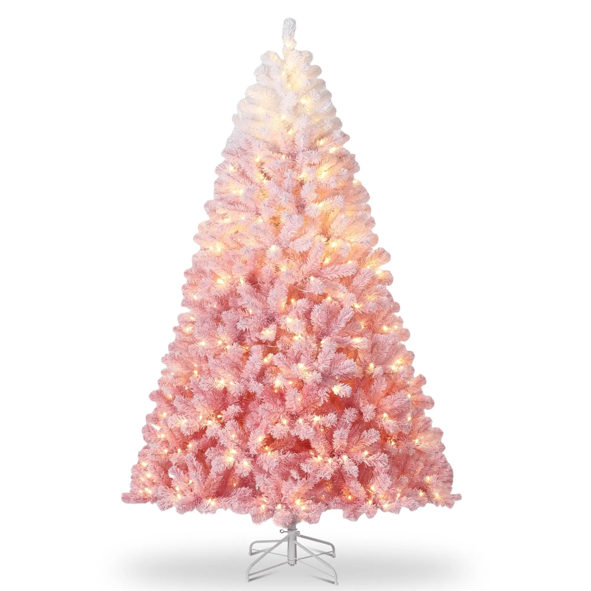 Pink Gradient Pre-Lit Christmas Tree, Flocked Ombre Artificial Tree. Warm White LED Lights. 4.5/6/7.5/9/12 FT. Slim Pencil Option. For Apartment, Office, Wedding. Easy Assembly, Flame-Retardant. Xmas Decor
