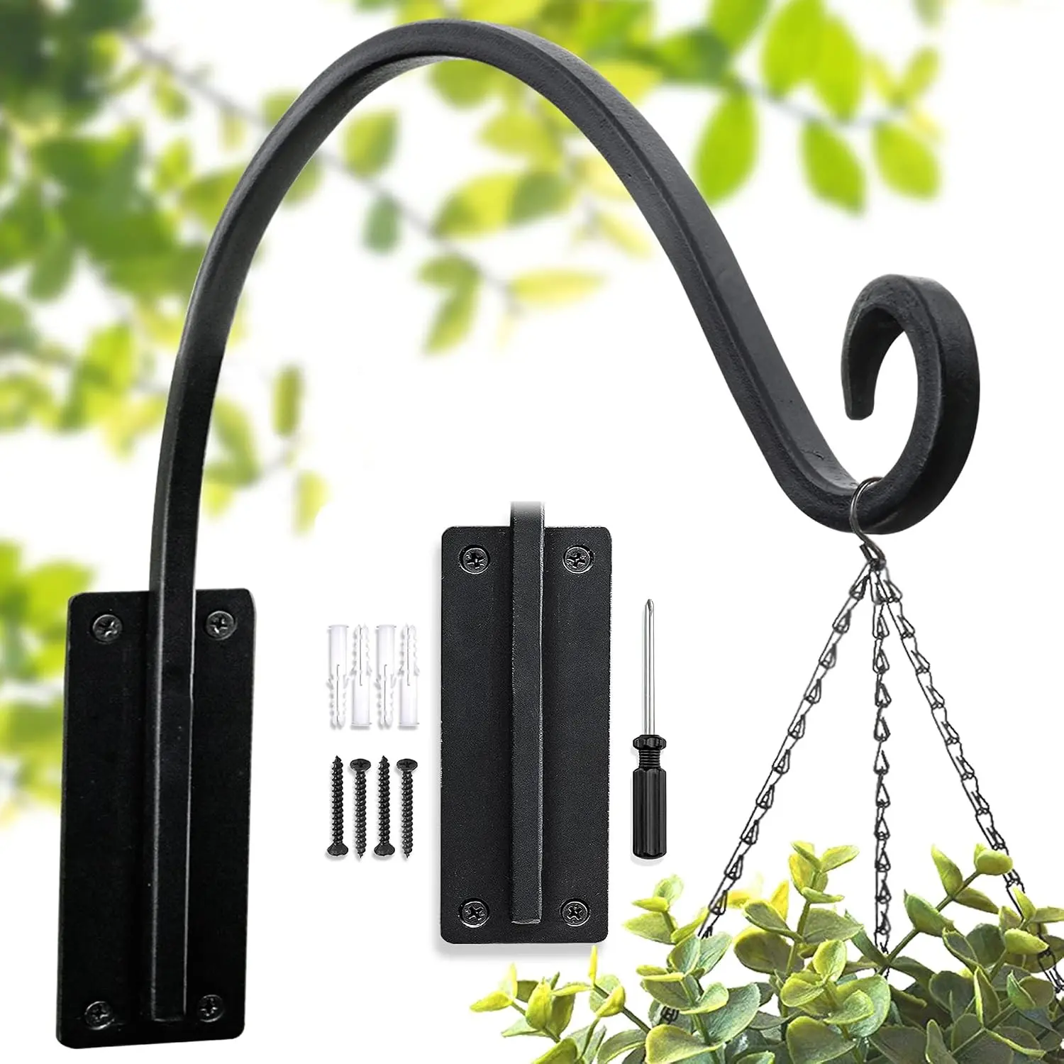 Lifyzoon Heavy Duty Curved Plant Hanger Bracket, 16 in 80 lbs Outdoor Wall Mount Hook, Hand-forged Steel, Rust-Resistant Coating, Complete Hardware for Hanging Baskets, Feeders, Curved Hook