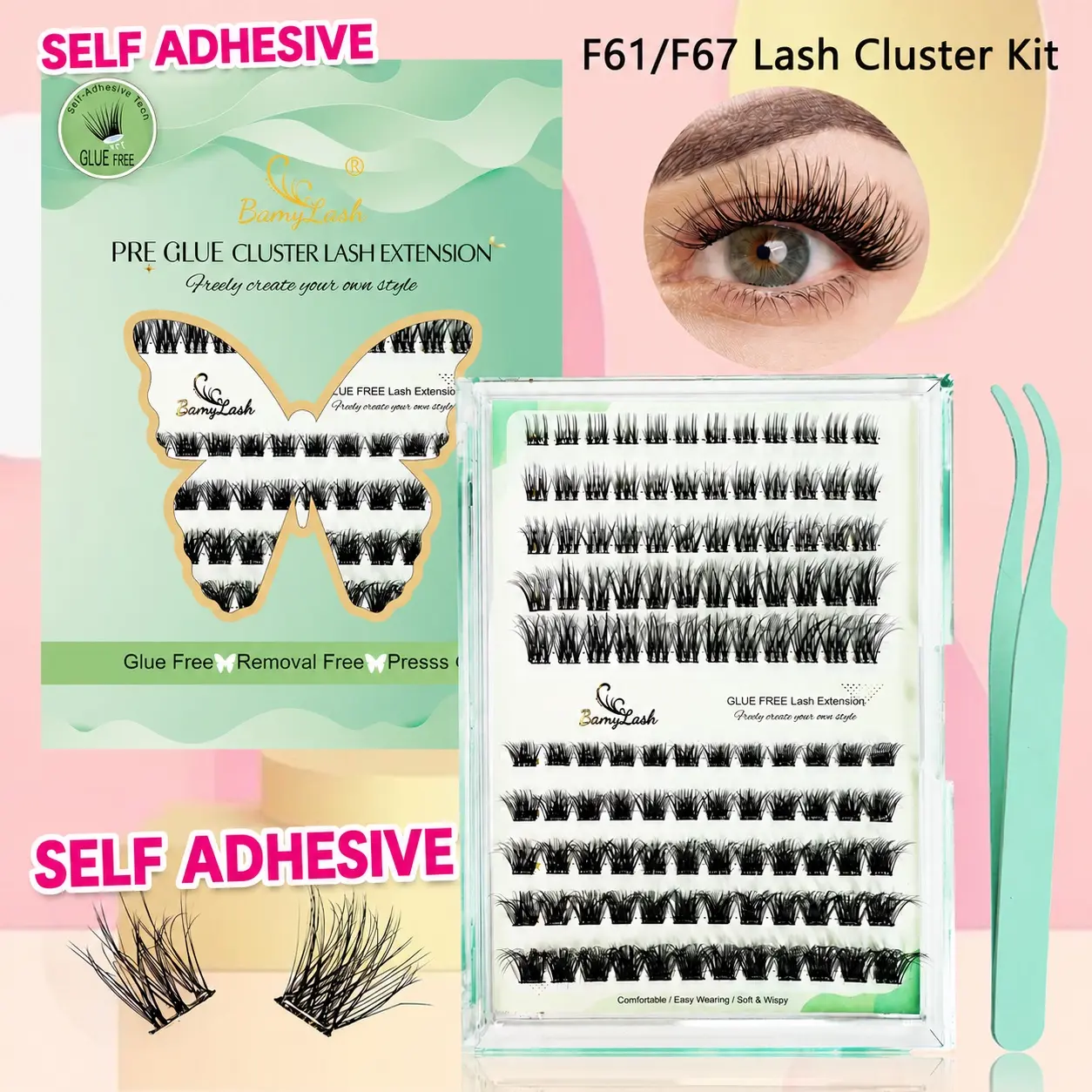 Self Adhesive Cluster Eyelashes, 1 Box Natural 3D Wispy Lash Extensions with Tweezers, No Glue Needed Cluster Lashes, Glueless Lashes Clusters, Easy To Apply for Eye Makeup, Cosmetic