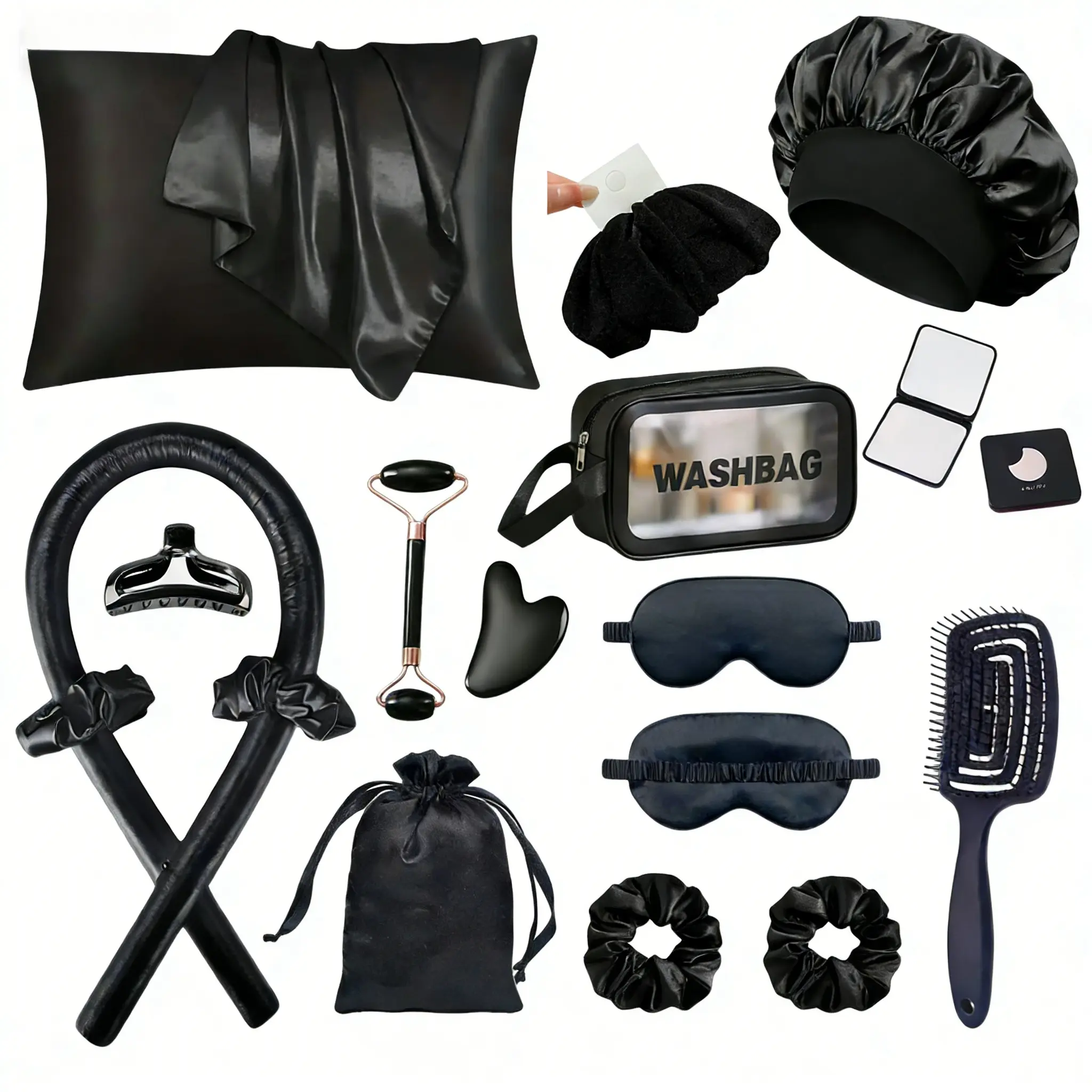 19-Piece No Heat Curl Care Set, Heatless Haircare, Includes No Heat Curler, Satin Pillowcase, Sleep Cap, Eye Mask, Scalp Massager, Jade Roller, Shampoo Bag, Home Hair Kit, Heatless Styling Tool