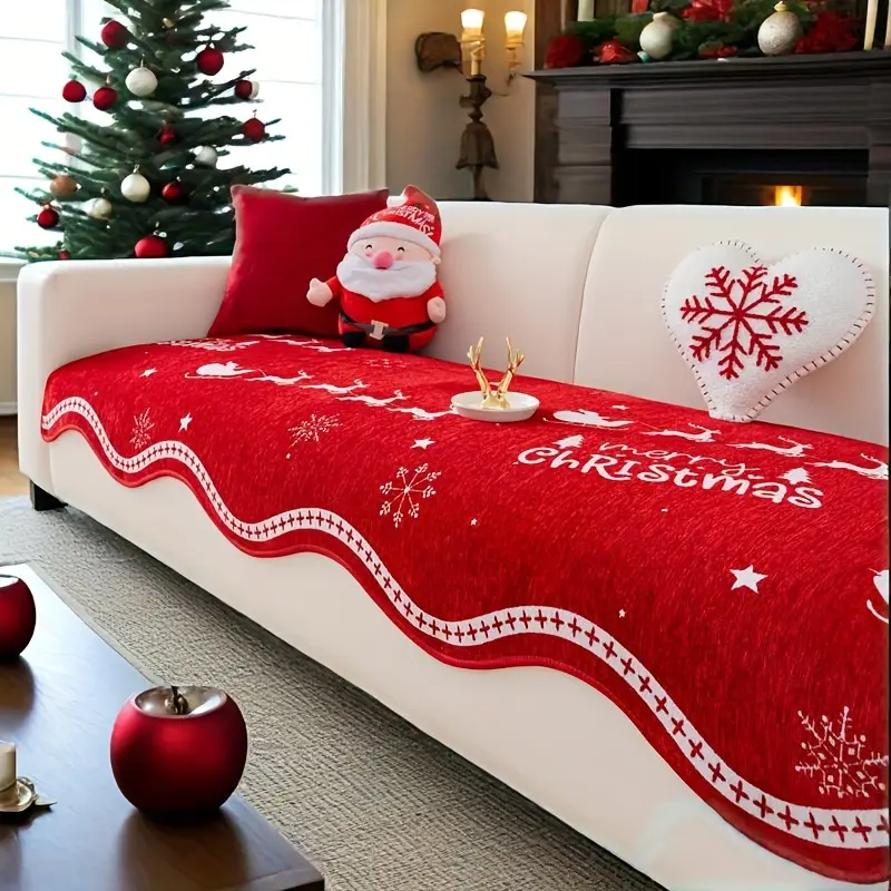 1PC Snowflake Reindeer Print Chenille Sofa Cushion Christmas Theme Room Decoration Home Decoration Non Slip Pet Friendly Four Seasons Suitable For Bedroom Living Room Office Christmas Day Decoration Home Sofa Decoration