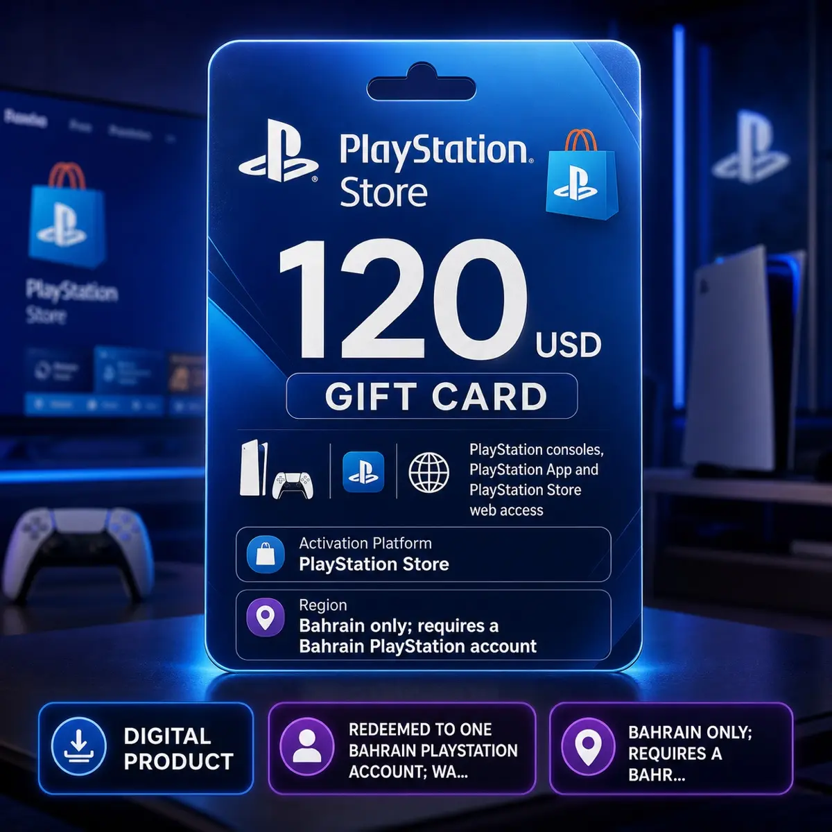 PlayStation Store Gift Card 120 USD Digital Code — Bahrain, Gift Card, PlayStation consoles, PlayStation App and PlayStation Store web access, PlayStation Store, Bahrain