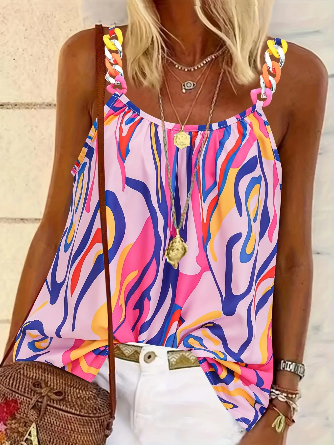 Summer Vacation Fluorescent Plastic Buckle Strappy Print Tank Top, Stylish and Comfortable, Perfect for Warm Weather