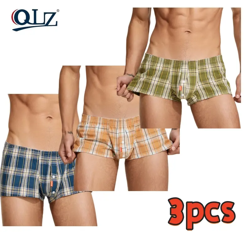 3-piece set of plaid boxer briefs for men, fashionable home shorts, European and American style men's four-corner sleep shorts summer vibes