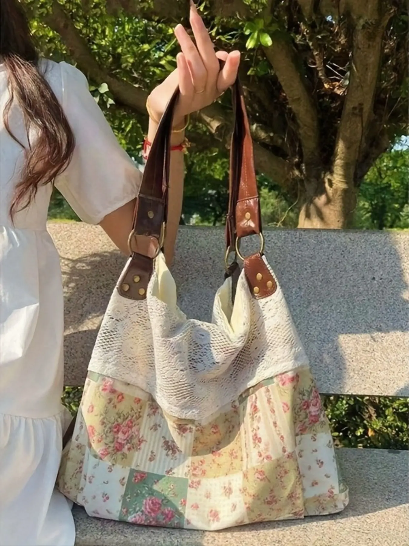 Back-to-School Tote Bag, Ethnic Style Lace Shoulder Bag, Large Capacity Versatile Fashion Bag, Vintage Campus Bag, Foldable Design Ideal for College Students' Commuting and Outings, Shoulder Tote Bag for Students