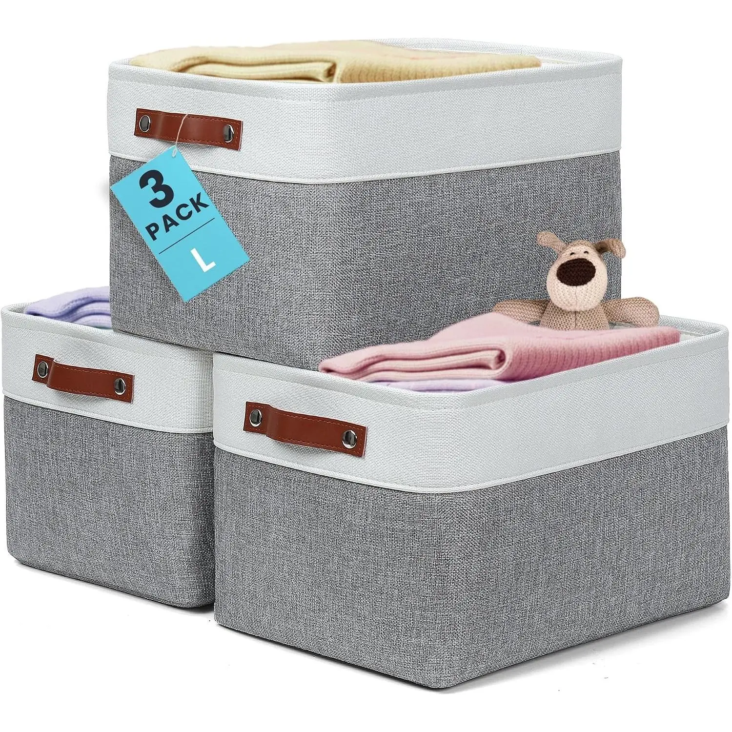 15x11in Canvas Storage Baskets 3 Pack | LARGE Fabric Bins for Shelves | Closet & Bedroom Storage | Gray/Off-White