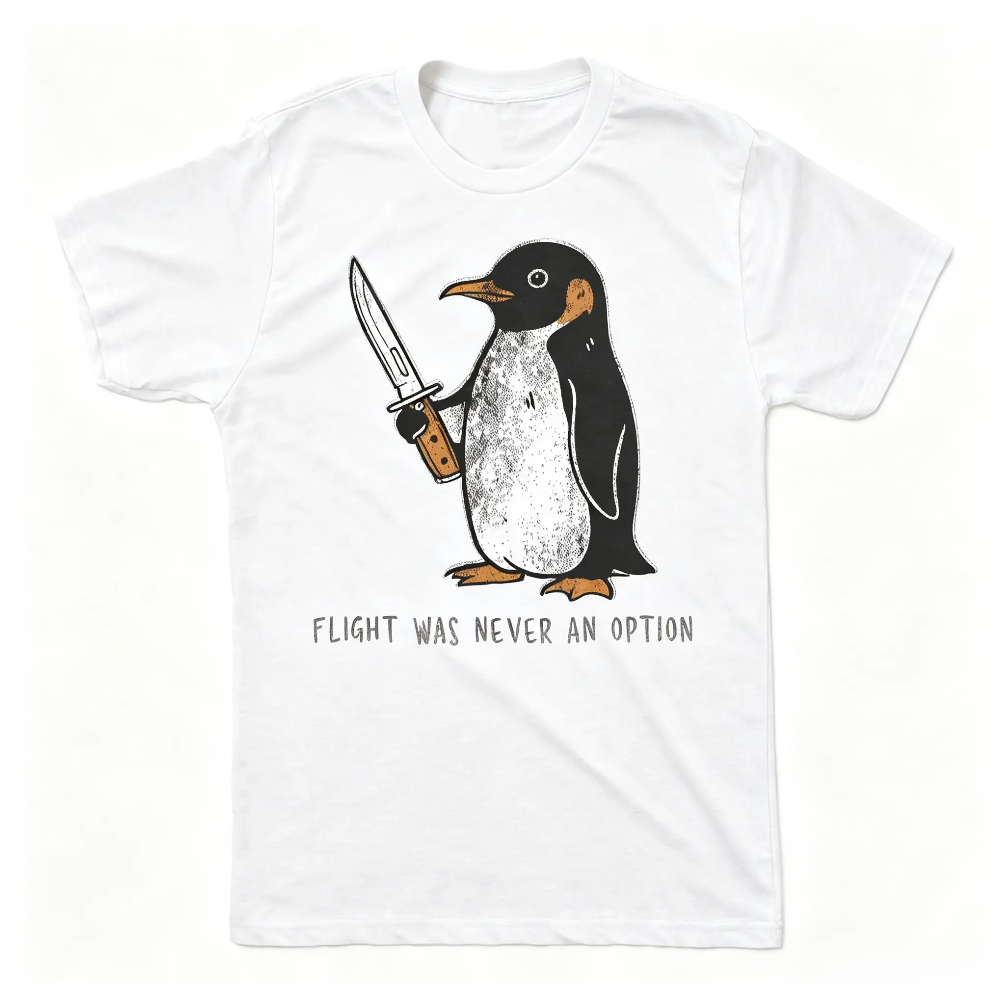 Funny Penguin Graphic T-Shirt |   "Flight Was Never An Option" Quote Tee |   Cute Penguin Knife Print Shirt |   Vintage Black Unisex Top