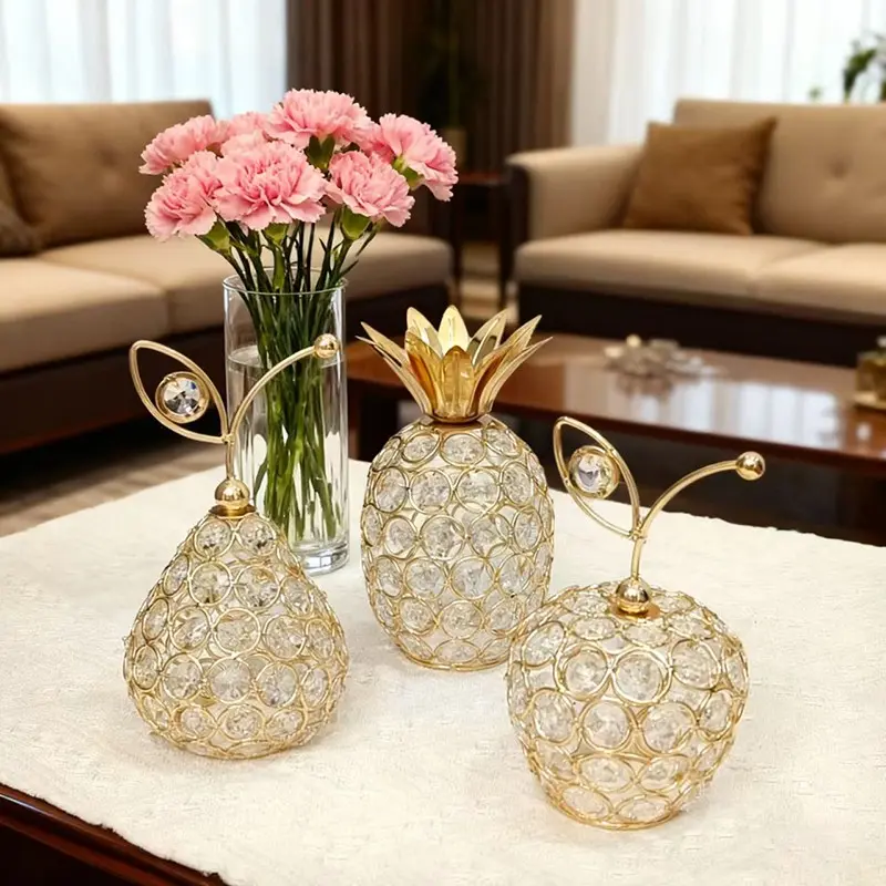 3 Piece Crystal and Metal Ornament Set, Decor Ornaments, Decoration Items, Elegant Apple Pear Pineapple Desk Decor, Classic Style for Home Decoration, Holiday Gifts