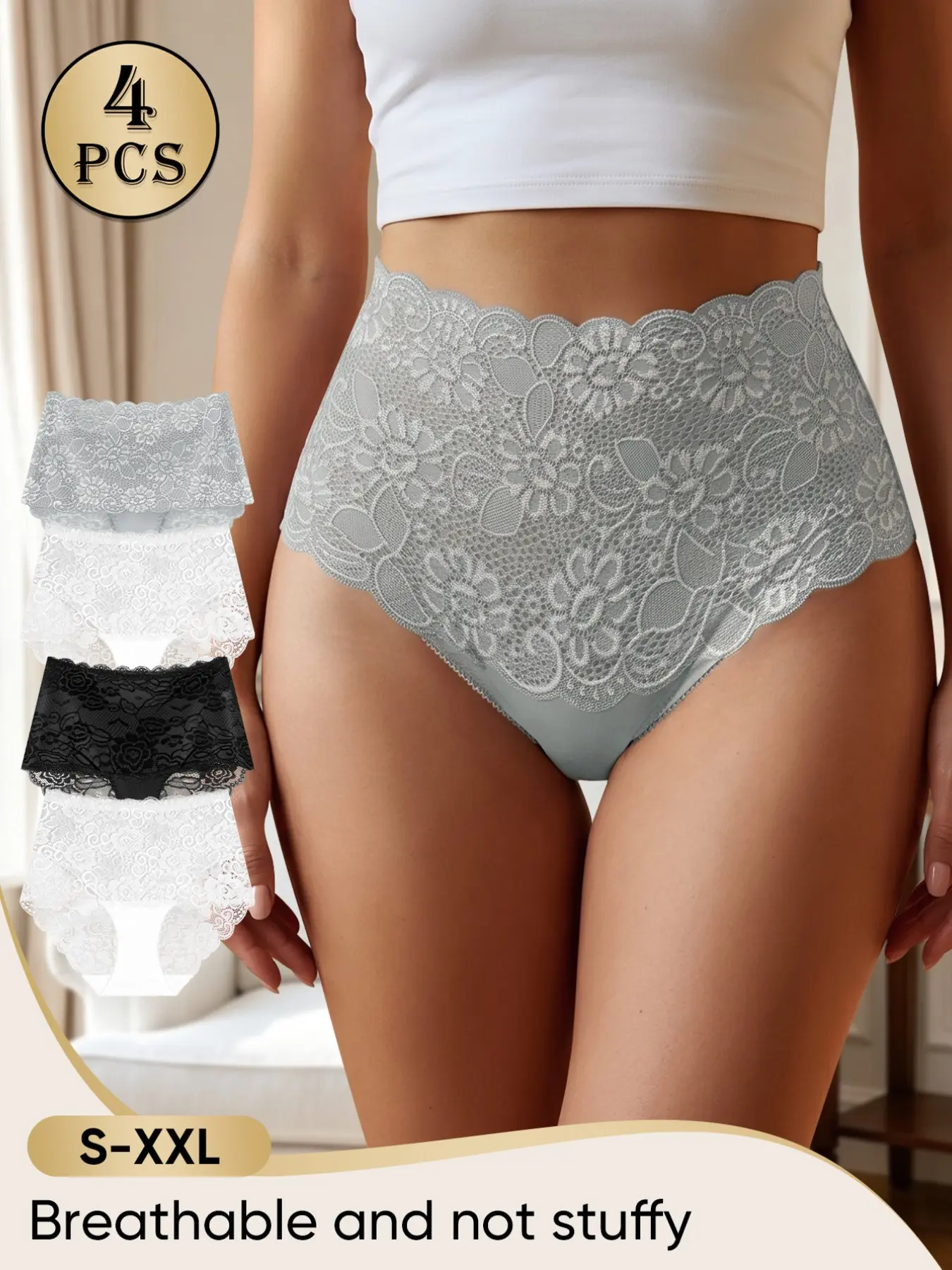 4-Pack Mid-Waist Women's Underwear, Romantic Lace Style, Seamless Invisible, Smooth Non-Restrictive, Breathable, Ideal for Office Wear