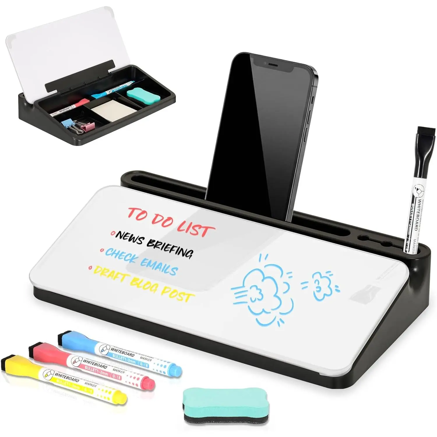 12"x7" Small Glass Desktop Whiteboard, Black
