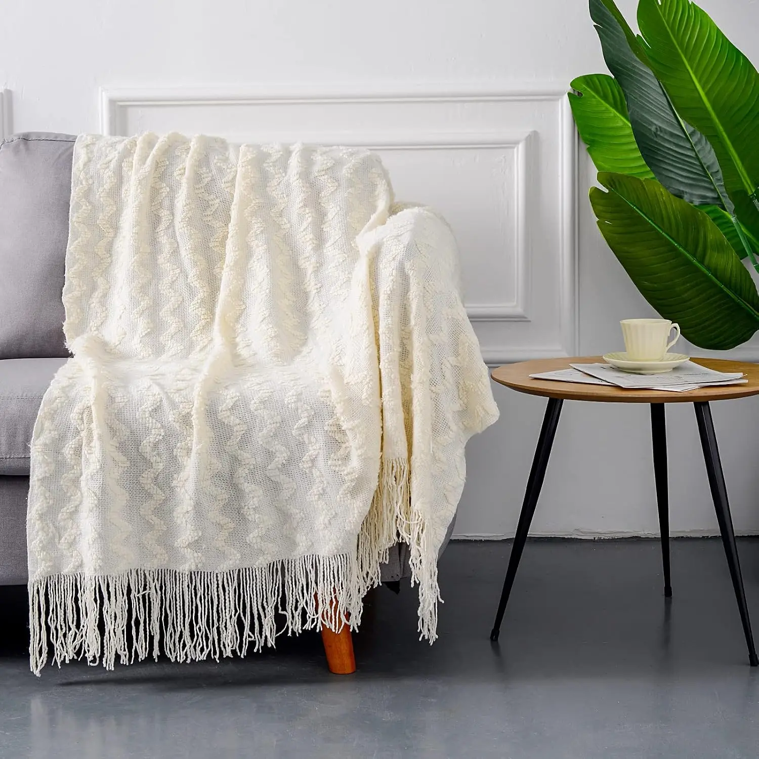 Knit Throw Blanket   Lightweight Decorative Blankets with Tassels 50×60 Inch Solid Soft Throw Cover for Couch Sofa Bed  Decor (Corn Beige)