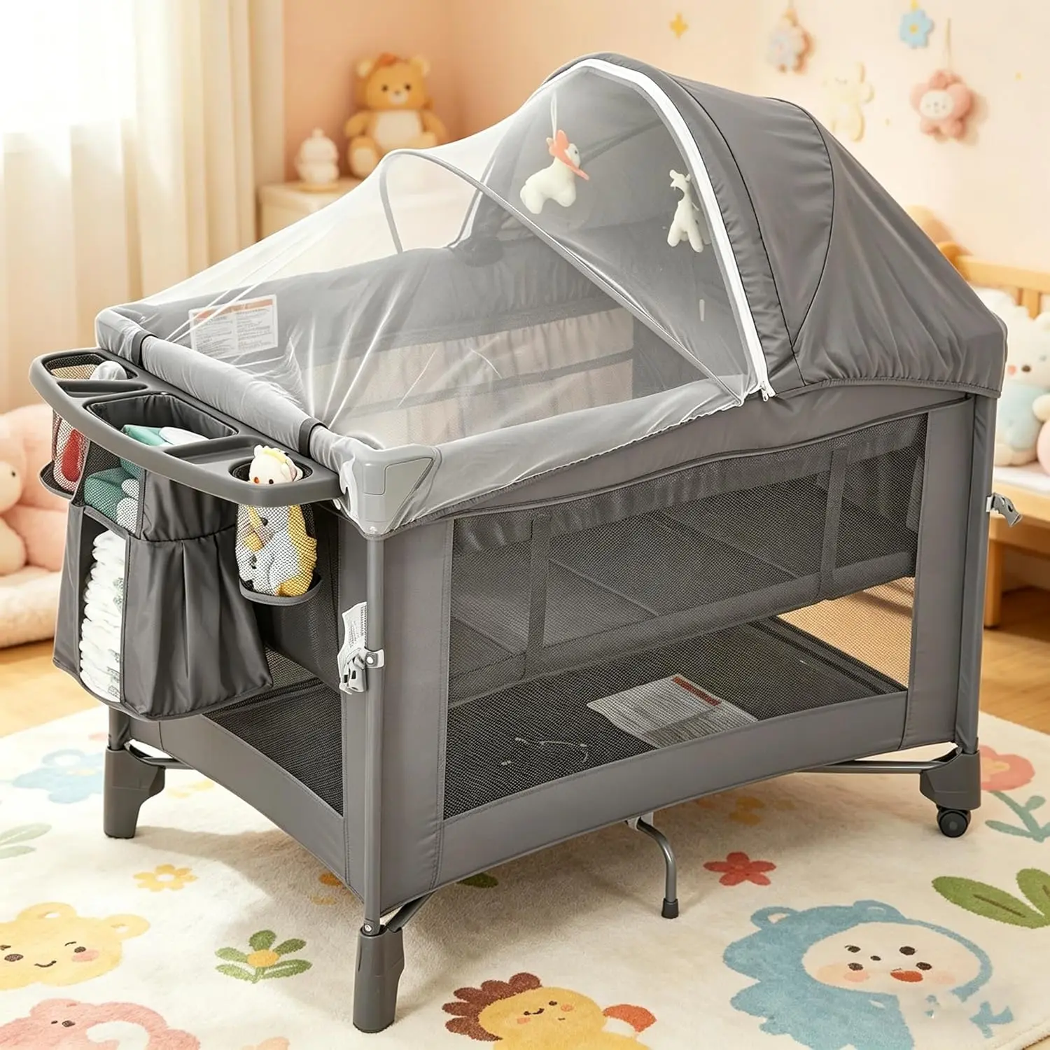 5-in-1 Baby Bedside Bassinet Sleeper | One-Touch Foldable Pack N Play with Changing Station, Soft Mattress, Rotatable Toy Bar & Mosquito Net, Suitable for Newborns, Infants & Toddlers