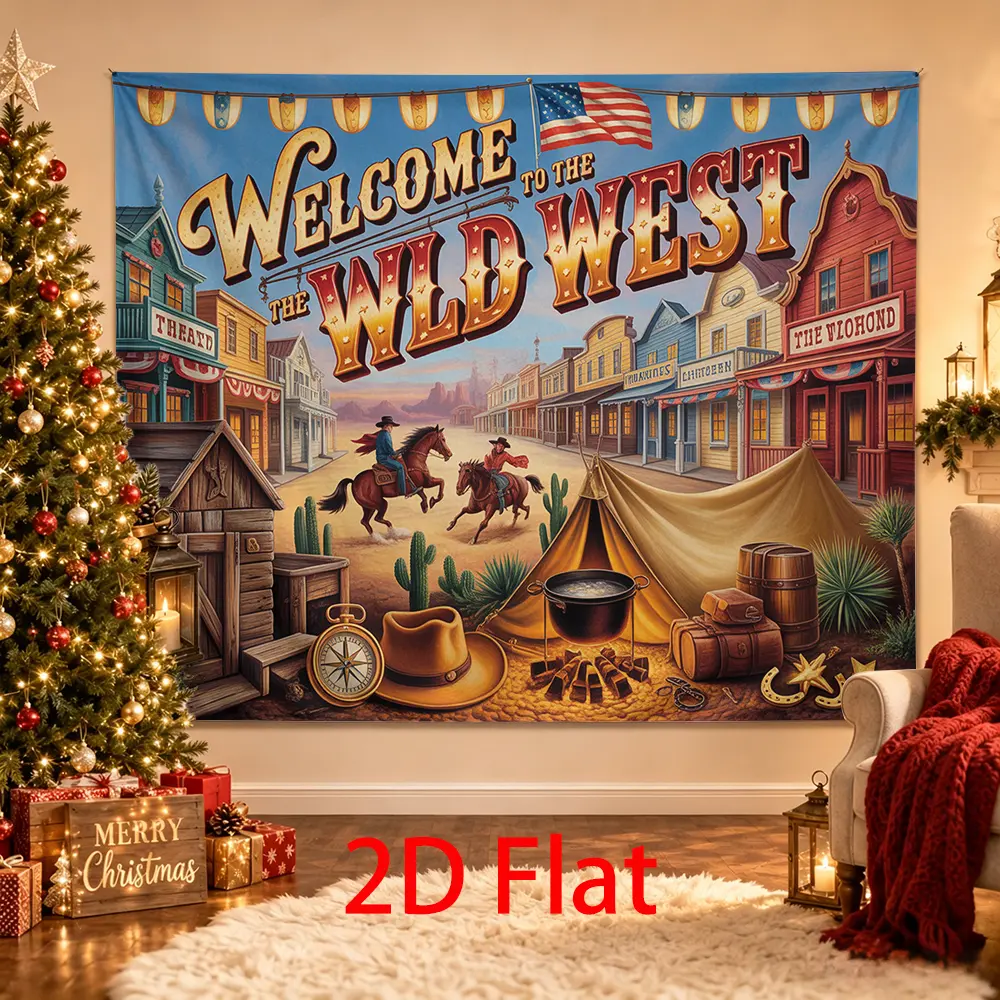 Wild West Party Backdrop - Western Cowboy Party Decor with Horse Scene, Frontier Town, Campfire, Cactus