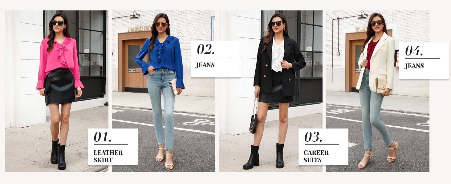 Women's Long Sleeve Chiffon Blouse with Ruffle Cuffs V Neck Tunic Top for Dressy Casual Wear Fall Trendy Work Shirts