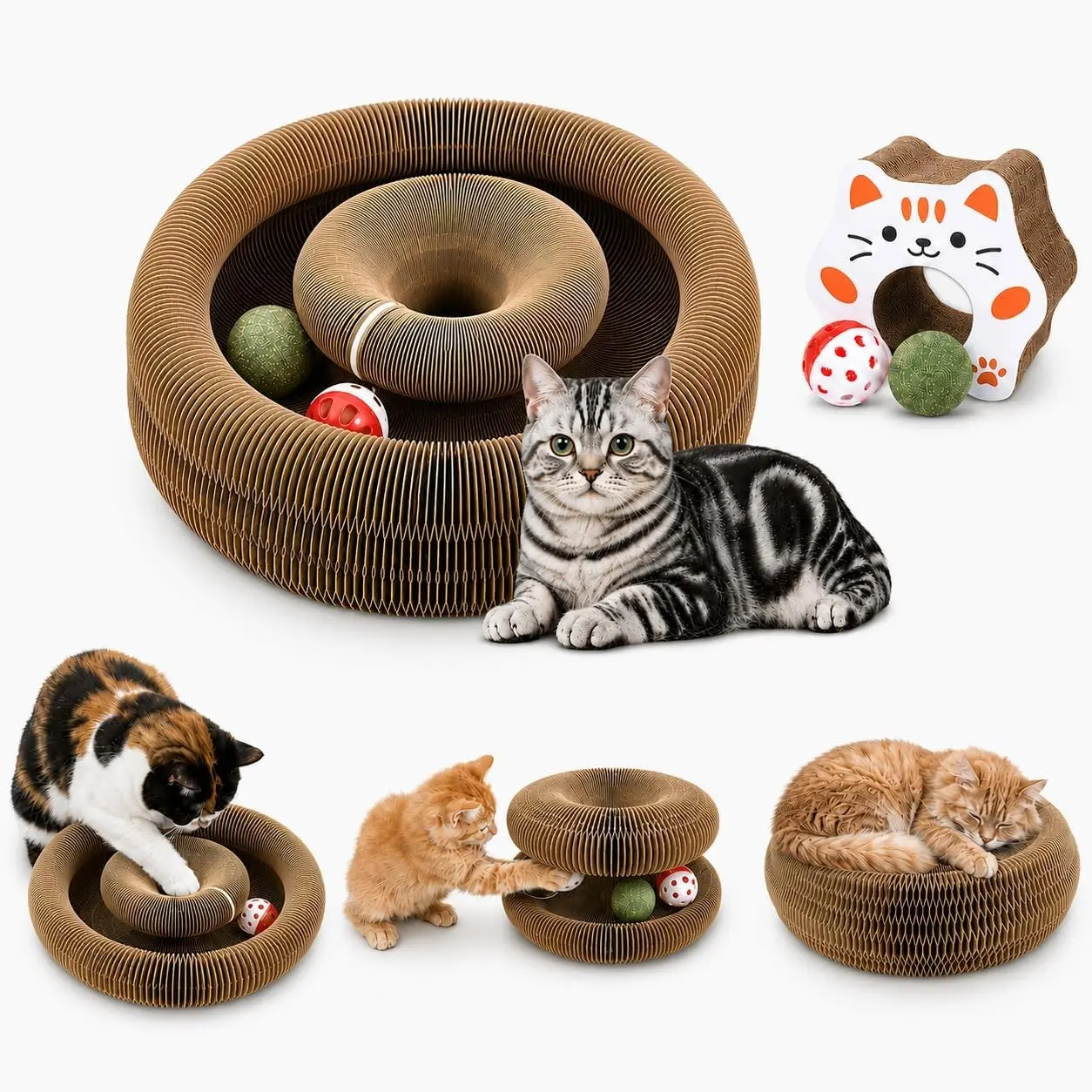 Upgraded Extra Large Foldable Cat Scratcher, Reversible Accordion Cat Toy with Bell Ball & Catnip Ball, Durable Cardboard Scratching Board for Indoor Cats & Furniture Protector